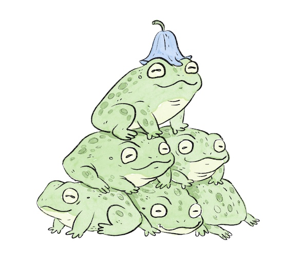 An illustration of 6 frogs that have arranged themselves into a pyramid. The frog at the top has a bluebell for a hat.