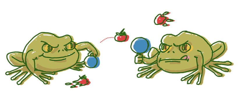 An illustration of two frogs playing ping pong with tomatoes.