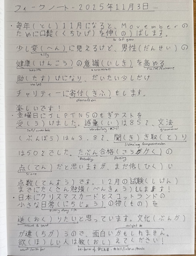 An image of my hand-written Japanese weekly notes.